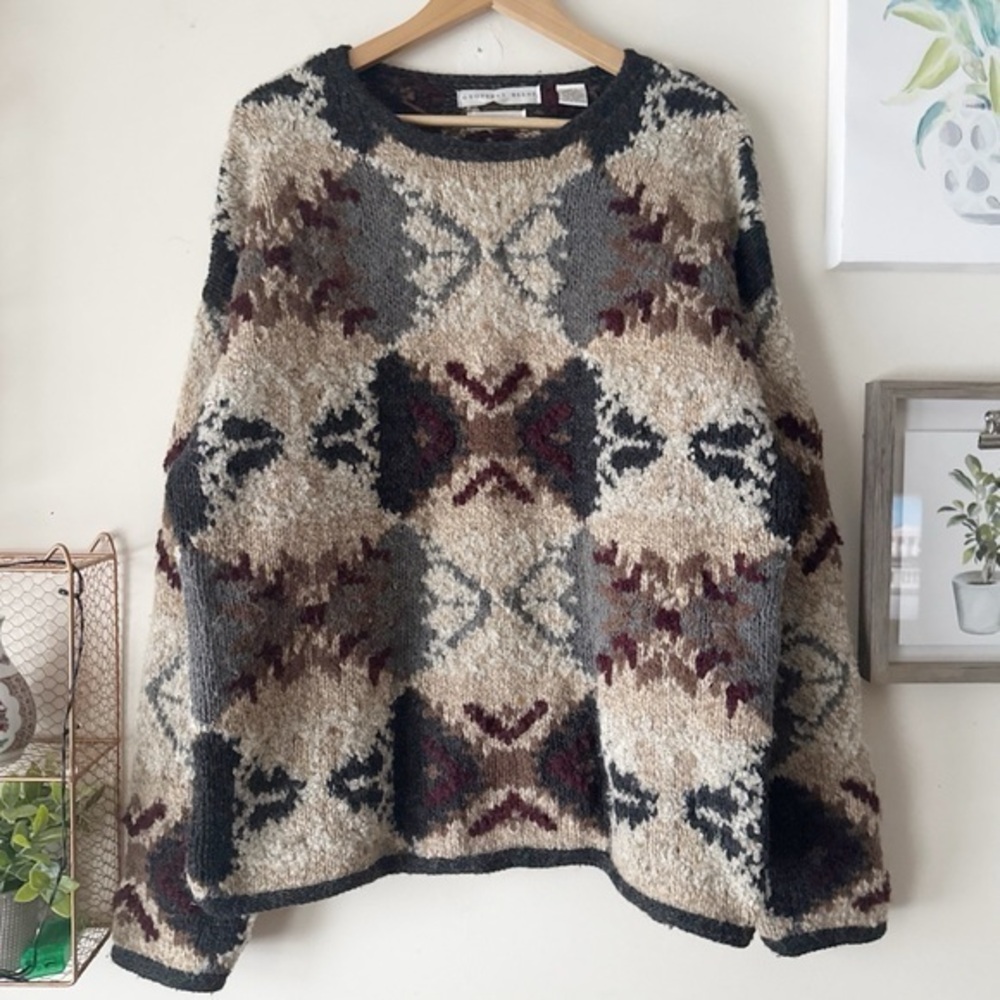 Geoffrey Beene 90s Vintage Hand Knit Wool Blend Sweater Oversized Cabin Lodge L